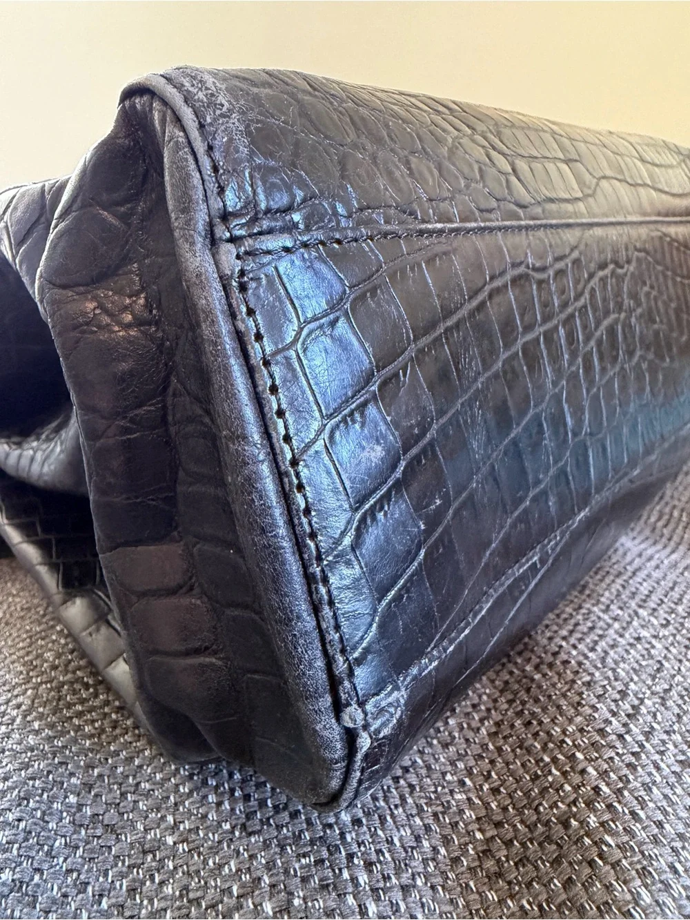 Black Croc-Embossed Shoulder Bag with Top Frame